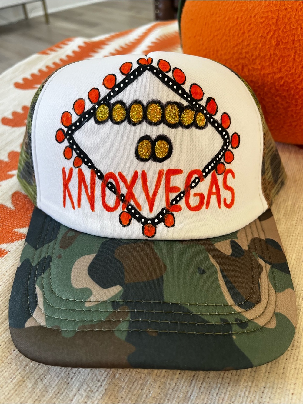 Hand Painted Tennessee Vols KnoxVegas Camo Trucker Hat in Orange & Green